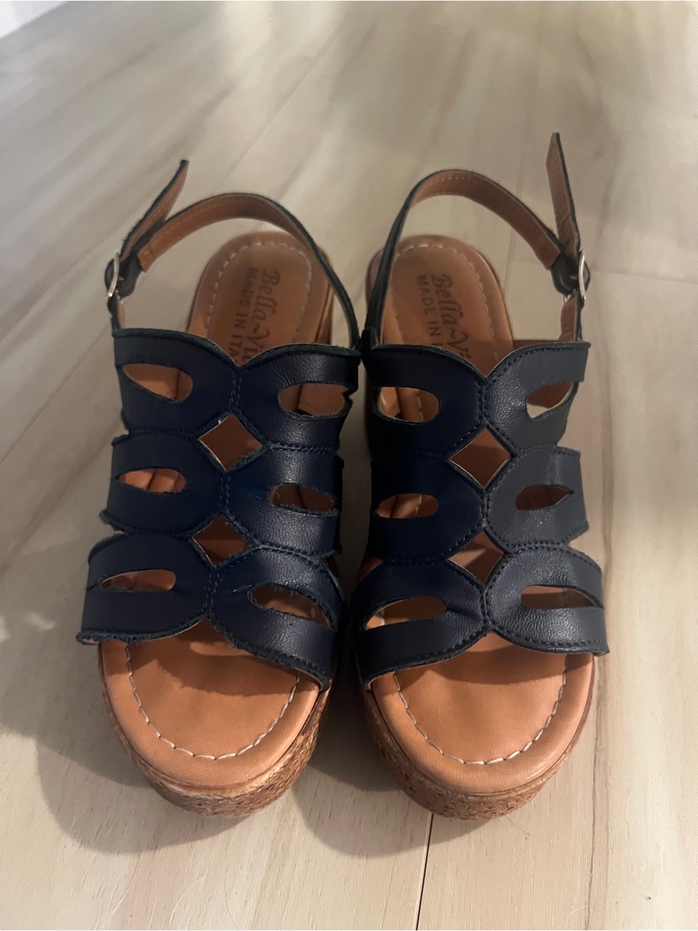 Bella Vita Navy Blue Leather Cutout Wedge Sandals